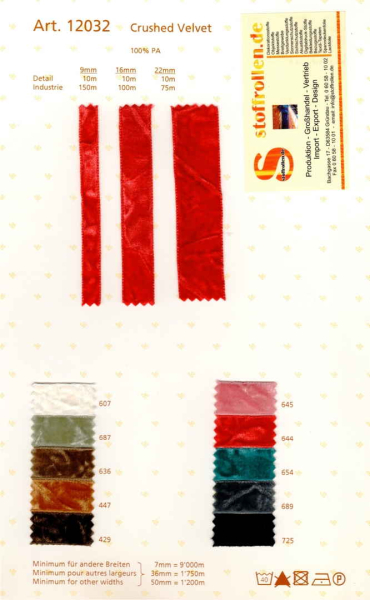 Velvet Ribbon, Crushed Velvet - Sample Card