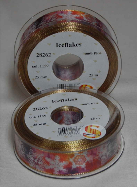 Iceflakes ribbon, red, gold wire edge, 25 mm, 25 m