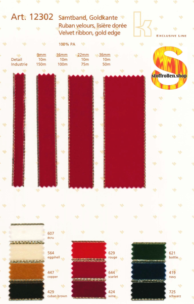 Samtband mit Goldkante,  22 mm x 10 m