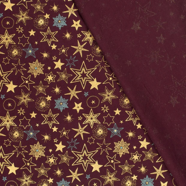 Cotton Poplin fabric printed and foil Stars Wine red, 145 cm, 12 m