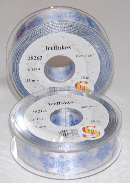Iceflakes, blue, silver wire edge, 25 mm, 25 m