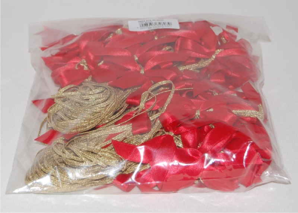 Schleife mit elastischem Zugband breit, gold, 2-flüglig rote Schleife, 40 cm, 100 Stück