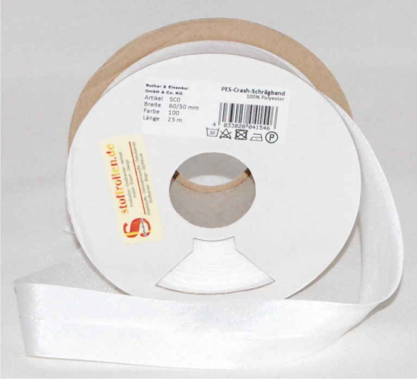 Satin Slanting Band Crash 60/30 mm, white, 25 m